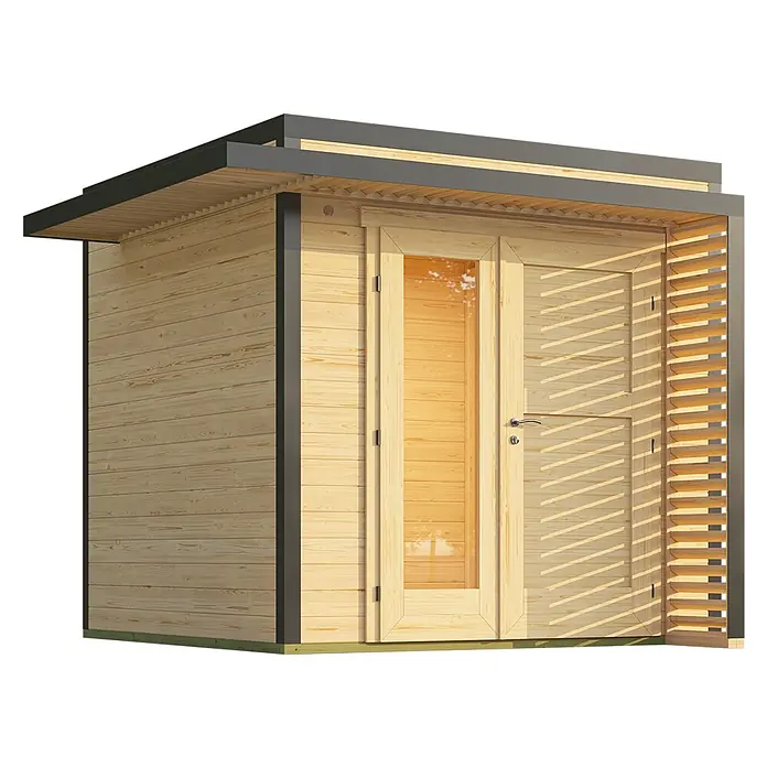 Weka Gartenhaus Pure Garden Amberley - Außenmaß inkl. Dachüberstand (B x T): 289 x 289 cm, Holz, Naturbelassen - Moderner Geräteschuppen aus hellem Holz mit flachem dunklem Dach, doppelter Glastür und Lamellen-Seitenwand.