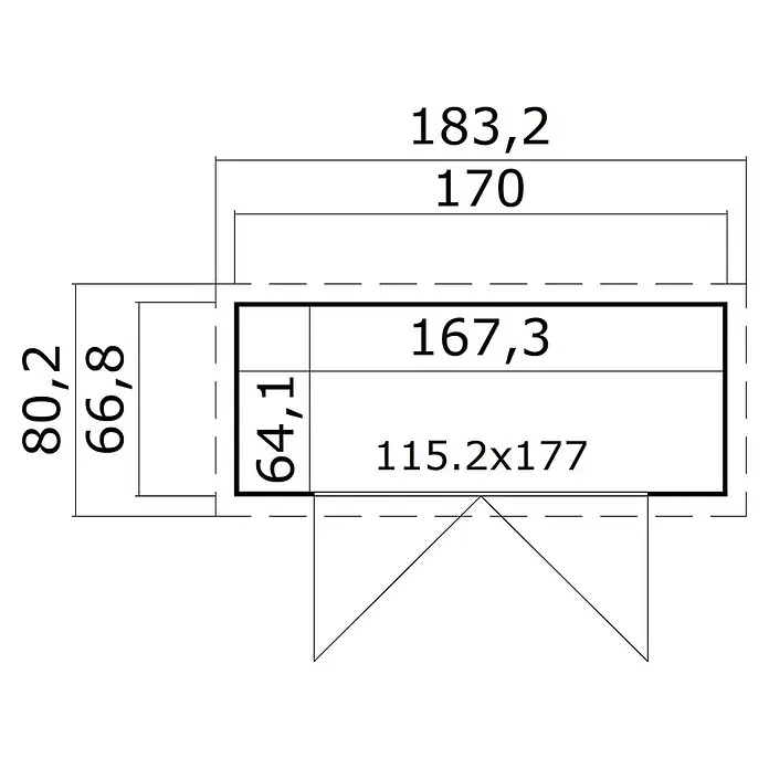 Weka Gerätehaus Mori - Außenmaß inkl. Dachüberstand (B x T): 195 x 84 cm, Holz, Naturbelassen - Technische Zeichnung einer rechteckigen Struktur mit Innenunterteilungen, die Außen- und Innenmaße zeigt.