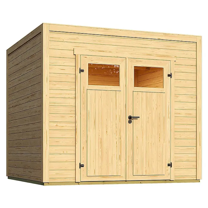 Weka Gerätehaus Batu Nika 1,5 - Außenmaß inkl. Dachüberstand (B x T): 250 x 207,4 cm, Holz, Naturbelassen - Helle Holzgartenhütte mit Flachdach und Doppeltür mit kleinen Fenstern.