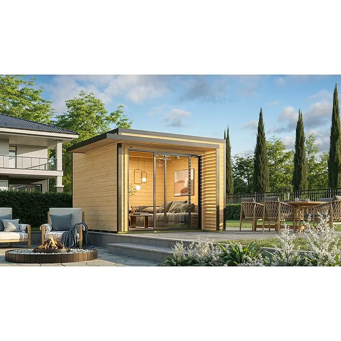 Weka Gartenhaus Pure Garden Amberley - Außenmaß inkl. Dachüberstand (B x T): 350 x 353 cm, Holz, Naturbelassen, Mit bodentiefen Doppelschiebetüren - Modernes Gartenbüro aus Holz mit großen Glastüren, als Outdoor-Lounge oder Arbeitsbereich auf einer Terrasse eingerichtet.