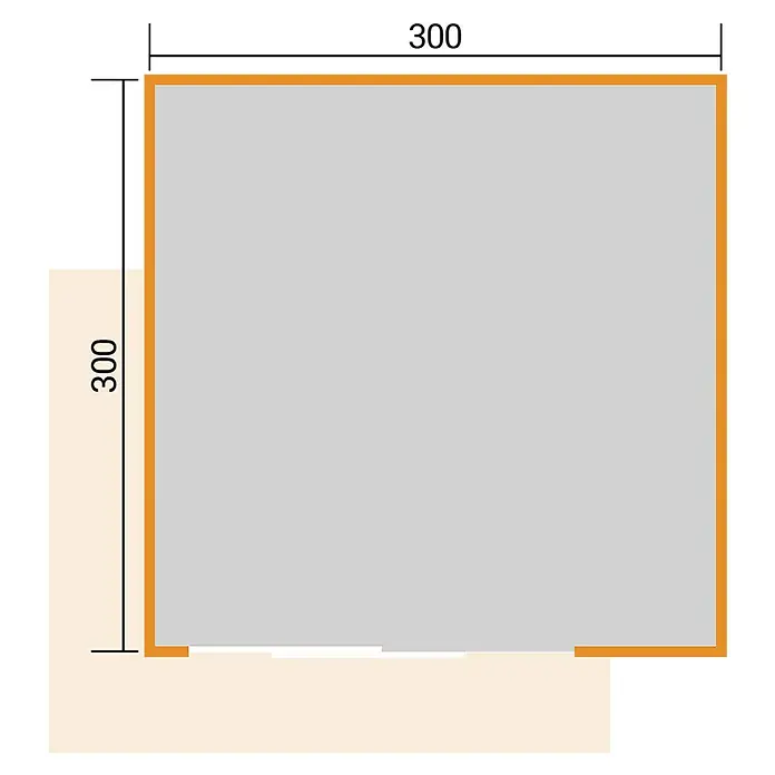 Weka Gartenhaus Pure Garden Amberley - Außenmaß inkl. Dachüberstand (B x T): 350 x 353 cm, Holz, Graugrün, Mit bodentiefen Doppelschiebetüren - Graues Quadrat mit orangefarbener Umrandung, zeigt Abmessungen 300x300 Einheiten.