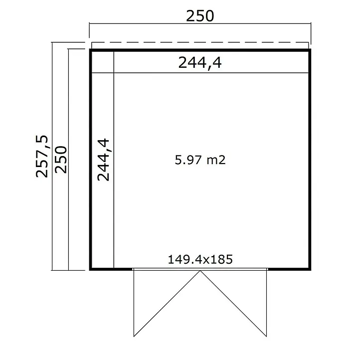 Weka Gerätehaus Batu Stella 2 - Außenmaß inkl. Dachüberstand (B x T): 250 x 257,5 cm, Holz, Naturbelassen - Technische Zeichnung eines rechteckigen Grundrisses, Maße 250x257,5 und 5,97 m² Fläche. Türumriss enthalten.