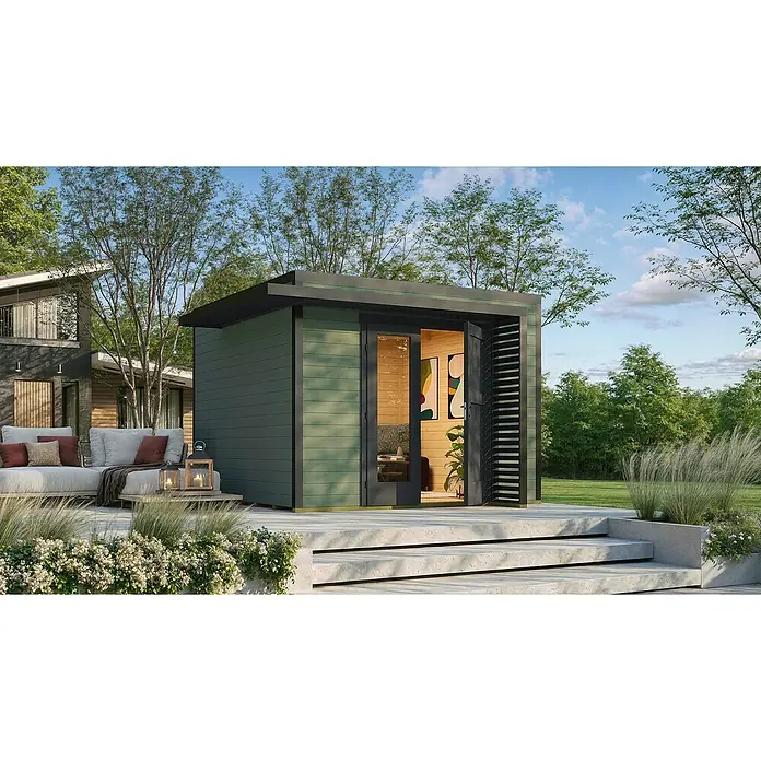 Weka Gartenhaus Pure Garden Amberley - Außenmaß inkl. Dachüberstand (B x T): 350 x 353 cm, Holz, Graugrün, Mit 1,5-facher Doppeltür - Modernes grünes Gartenbüro mit schwarzer Verkleidung, offene Glastüren auf Betonterrasse.
