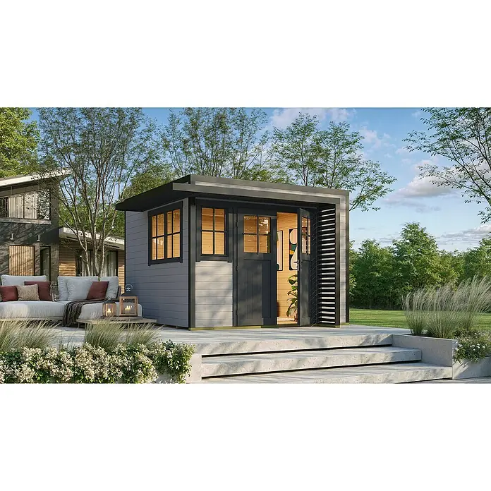 Weka Gartenhaus Pure Garden Amberley - Außenmaß inkl. Dachüberstand (B x T): 350 x 353 cm, Holz, Grau/Anthrazit, Mit Fenster - Modernes grau-schwarzes Gartenhaus mit Flachdach, großen Fenstern und offenen Türen auf einer Betonterrasse.