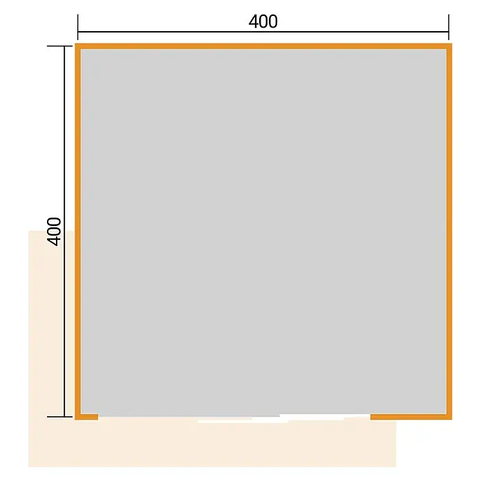 Weka Gartenhaus Pure Garden Amberley - Außenmaß inkl. Dachüberstand (B x T): 450 x 455 cm, Holz, Naturbelassen, Ohne zusätzliches Fenster - Graues Quadrat mit orangefarbenem Rand, Maße 400x400 Einheiten.