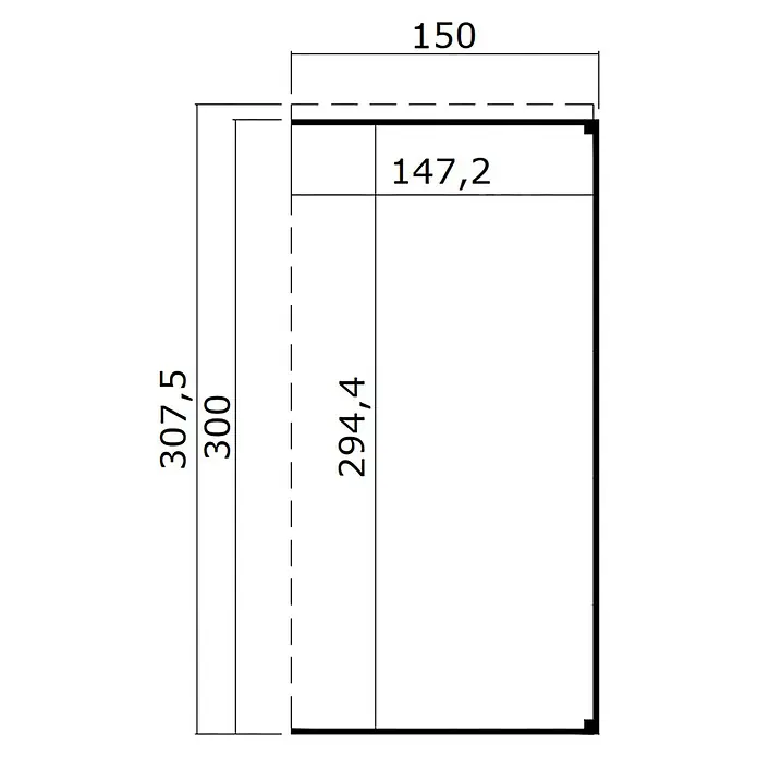 Weka Gerätehaus-Anbau Batu - Außenmaß inkl. Dachüberstand (B x T): 150 x 304,6 cm, Holz, Hellgrau, Passend für: Weka Gerätehäuser Batu Stella und Nika 3 - Technische Zeichnung eines rechteckigen Bauteils mit mehreren Maßen.