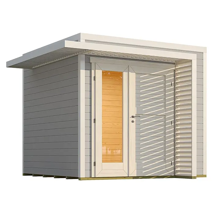 Weka Gartenhaus Pure Garden Amberley - Außenmaß inkl. Dachüberstand (B x T): 300 x 303 cm, Holz, Naturbelassen - Modernes graues Gartenhaus mit weißem Dach und Doppeltüren; eine Naturholz-, eine weiße Lamellentür.