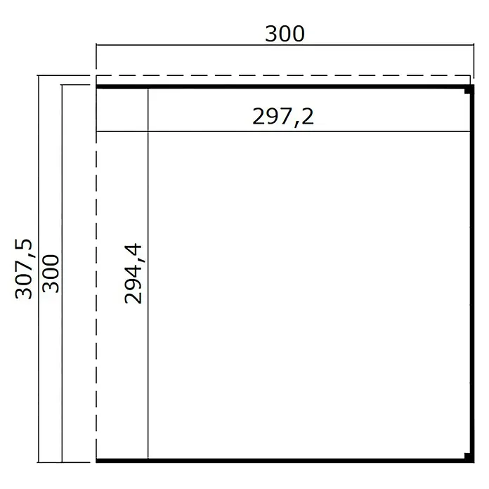 Weka Gerätehaus-Anbau Batu - Außenmaß inkl. Dachüberstand (B x T): 300 x 304,6 cm, Holz, Hellgrau, Passend für: Weka Gerätehäuser Batu Stella und Nika 3 - Technische Zeichnung: rechteckiges Paneel mit Außenmaßen 300x307,5; Innenbreite 297,2; Innenhöhensegmente 300 und 294,4.