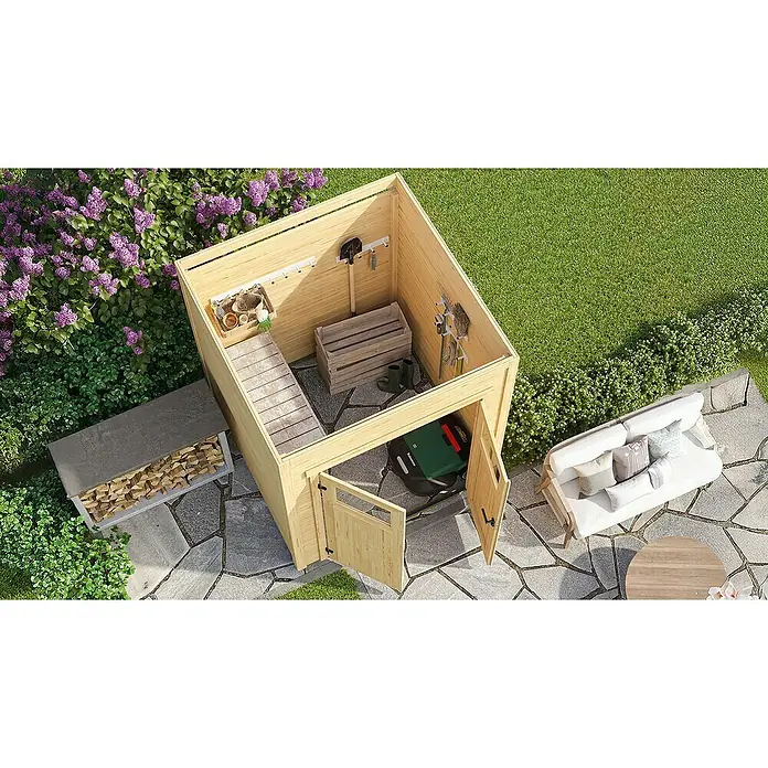 Weka Gerätehaus Batu Nika 1 - Außenmaß inkl. Dachüberstand (B x T): 200 x 207,4 cm, Holz, Dunkelgrau - Ein heller Holzschuppen, offen mit Gartengeräten, Stiefeln und Rasenroboter. Praktische Outdoor-Aufbewahrung neben einer Terrasse.