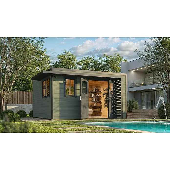 Weka Gartenhaus Pure Garden Amberley - Außenmaß inkl. Dachüberstand (B x T): 450 x 455 cm, Holz, Graugrün, Mit Fenster - Modernes, salbeigrünes Gartenbüro mit dunklen Zierleisten und offenem Holzinterieur mit Bücherregalen, am Pool gelegen.