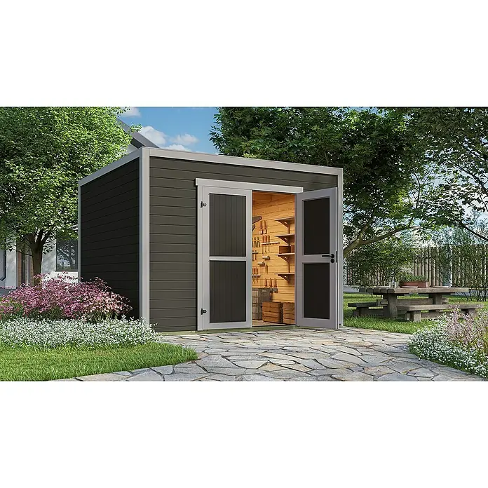 Weka Gerätehaus Batu Stella 3 - Außenmaß inkl. Dachüberstand (B x T): 300 x 304,6 cm, Holz, Dunkelgrau - Dunkelgrauer Geräteschuppen mit hellgrauem Rahmen und geöffneten Türen, der ein helles Holzinterieur mit Regalen und Werkzeugen zeigt.