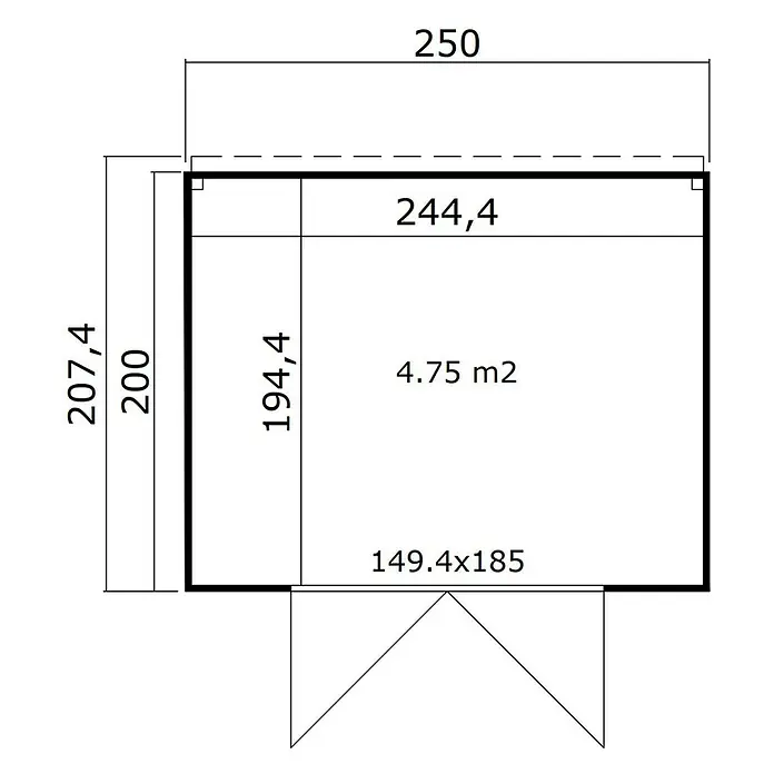 Weka Gerätehaus Batu Nika 1,5 - Außenmaß inkl. Dachüberstand (B x T): 250 x 207,4 cm, Holz, Naturbelassen - Grundriss einer kleinen Struktur, zeigt Außenmaße von 250x207,4, Innenmaße und eine Fläche von 4,75 m2.