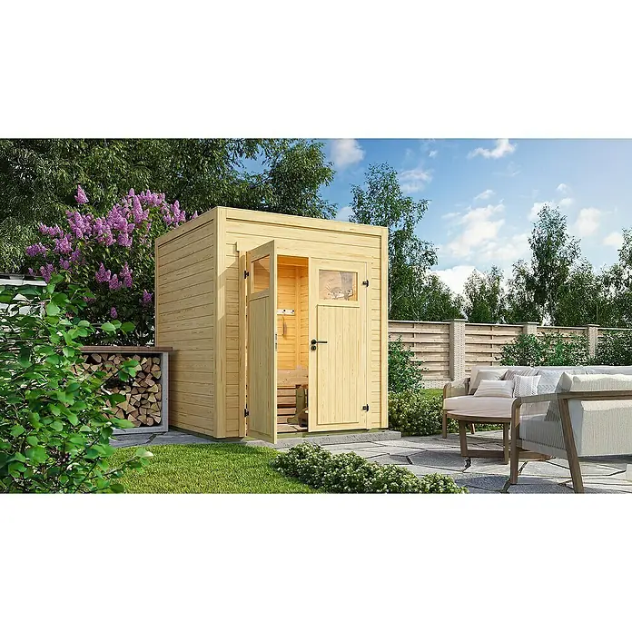 Weka Gerätehaus Batu Nika 1 - Außenmaß inkl. Dachüberstand (B x T): 200 x 207,4 cm, Holz, Naturbelassen - Helles Gartenhaus aus Holz mit offener Tür, in einem üppigen Garten gelegen.