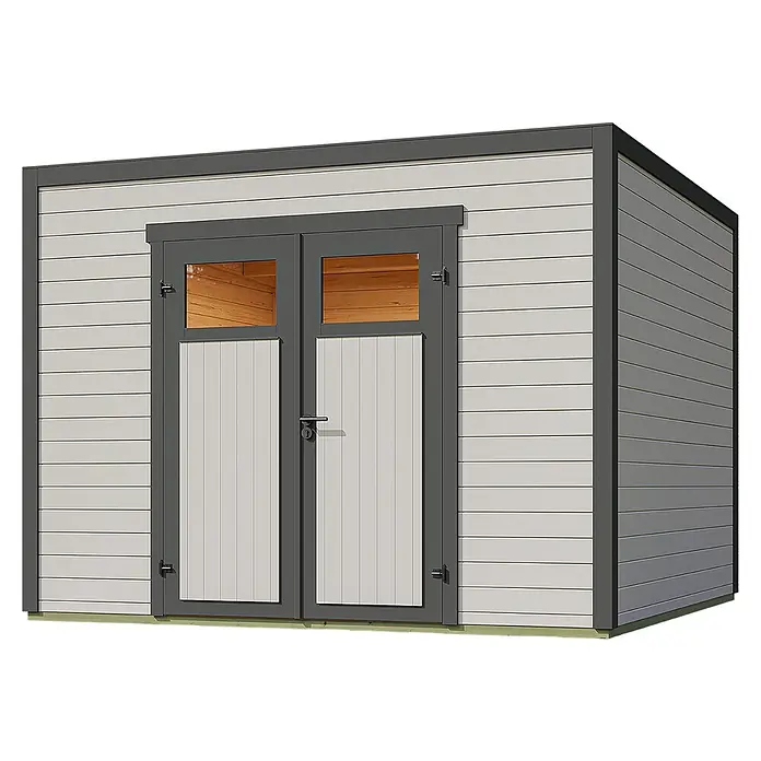 Weka Gerätehaus Batu Nika 3 - Außenmaß inkl. Dachüberstand (B x T): 300 x 304,6 cm, Holz, Hellgrau - Gartenhaus mit weißer und hellgrauer Verkleidung, dunkelgrauem Rahmen und Doppeltüren mit Fenstern.