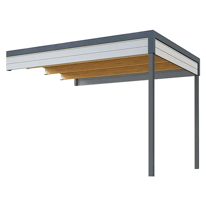 Weka Gerätehaus-Anbau Batu - Außenmaß inkl. Dachüberstand (B x T): 300 x 257,5 cm, Holz, Hellgrau, Passend für: Weka Gerätehäusern Batu Stella und Nika 2 - Moderne graue Pergola mit weißen verstellbaren Lamellen und Holzunterseite.