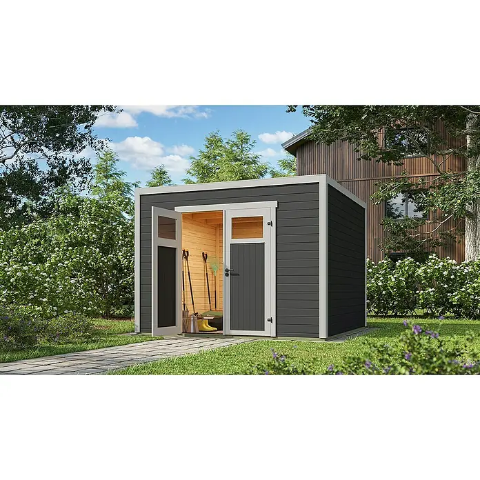Weka Gerätehaus Batu Nika 3 - Außenmaß inkl. Dachüberstand (B x T): 300 x 304,6 cm, Holz, Dunkelgrau - Dunkelgrauer Gartenschuppen mit weißem Zierleisten und offenen Türen, zeigt Holzarbeiten und Gartengeräte in einem Garten.
