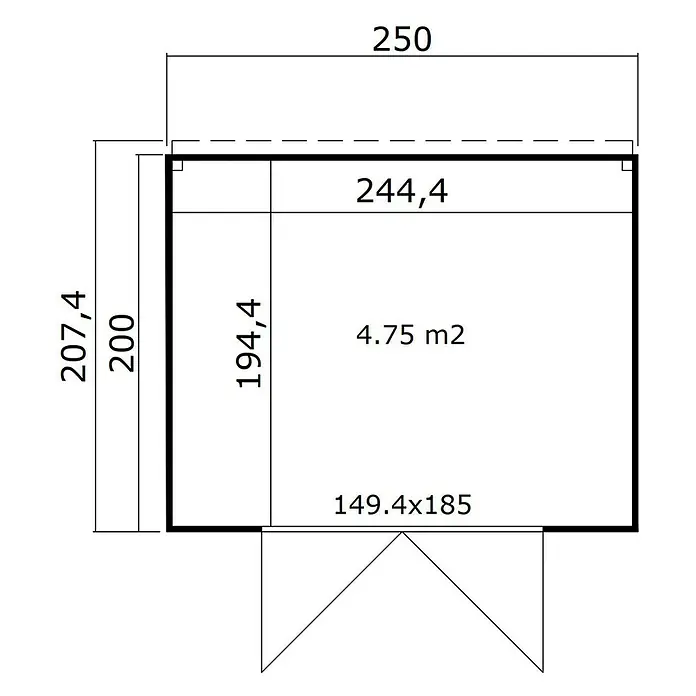 Weka Gerätehaus Batu Stella - Außenmaß inkl. Dachüberstand (B x T): 250 x 207,4 cm, Holz, Naturbelassen - Grundriss eines Gartenhauses mit Gesamtmaßen 250x207,4 cm und einer Innenfläche von 4,75 m².