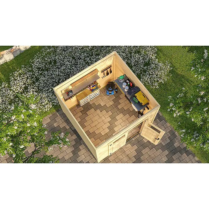 Weka Gerätehaus Batu Nika 2 - Außenmaß inkl. Dachüberstand (B x T): 250 x 257,5 cm, Holz, Hellgrau - Offener Holzgartenschuppen mit Werkzeugen und Werkbank, auf einer gepflasterten Terrasse im Garten.