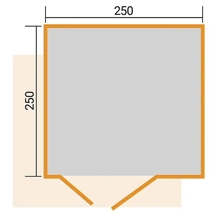 Weka Gartenhaus Pure Garden Amberley - Außenmaß inkl. Dachüberstand (B x T): 300 x 303 cm, Holz, Naturbelassen - Grauer quadratischer Grundriss 250x250 mit orangefarbenem Rand und Eckenausschnitt.