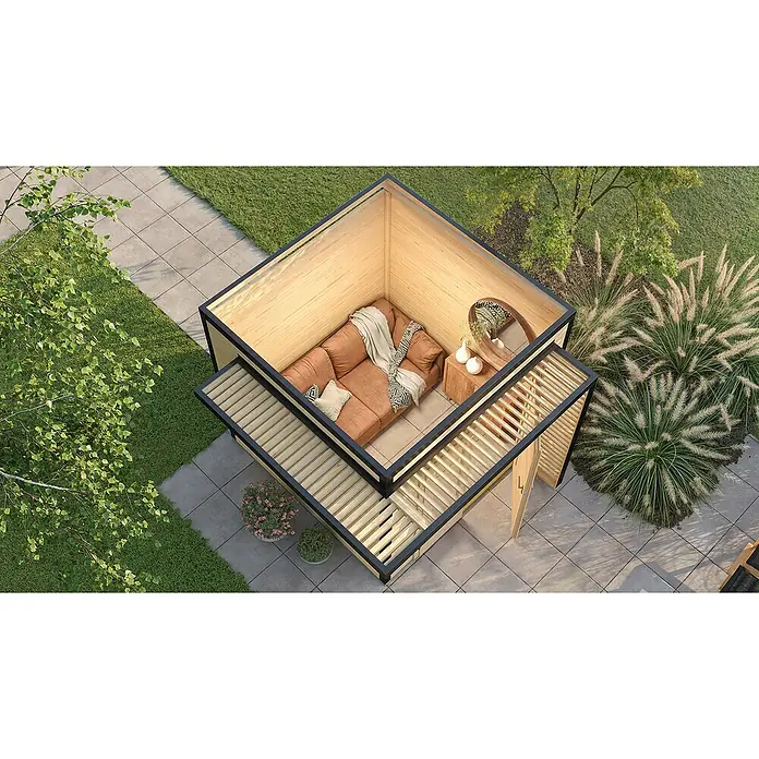 Weka Gartenhaus Pure Garden Amberley - Außenmaß inkl. Dachüberstand (B x T): 289 x 289 cm, Holz, Naturbelassen - Modernes Outdoor-Zimmer mit Holzinterieur und dunklem Rahmen, braunem Sofa.