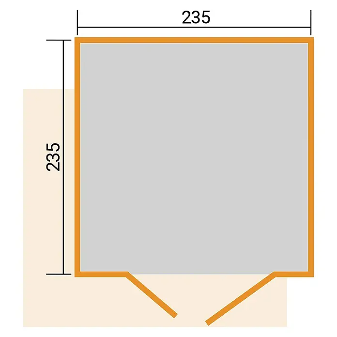 Weka Gartenhaus Pure Garden Amberley - Außenmaß inkl. Dachüberstand (B x T): 289 x 289 cm, Holz, Naturbelassen - Graue quadratische Duschwanne mit orangefarbener Blende und Eckeneinstieg, Maße 235x235.