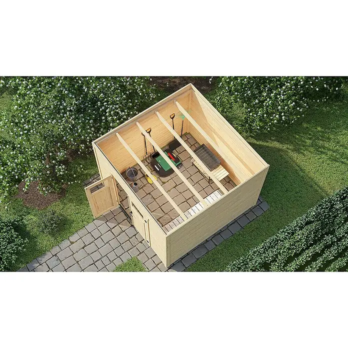 Weka Gerätehaus Batu Nika 3 - Außenmaß inkl. Dachüberstand (B x T): 300 x 304,6 cm, Holz, Naturbelassen - Heller Holzgartenhaus mit offenem Dach, das einen Rasenmäherroboter, Gartengeräte und einen Grill auf gepflastertem Boden in einem Garten zeigt.