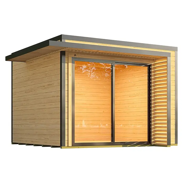 Weka Gartenhaus Pure Garden Amberley - Außenmaß inkl. Dachüberstand (B x T): 350 x 353 cm, Holz, Naturbelassen, Mit bodentiefen Doppelschiebetüren - Elegantes Gartenhaus aus Holz mit dunkelgrauem Rahmen und breiten Glasschiebetüren.