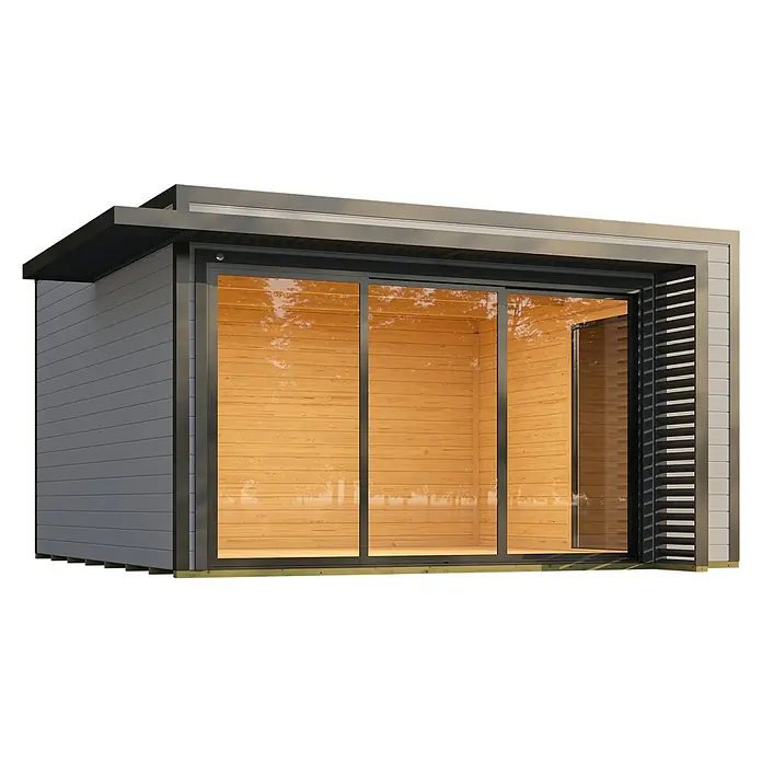 Weka Gartenhaus Pure Garden Amberley - Außenmaß inkl. Dachüberstand (B x T): 450 x 455 cm, Holz, Grau/Anthrazit, Mit zusätzlichem Fenster - Modernes Gartenbüro/Studio mit grauer Verkleidung und großen Glasschiebetüren, die ein helles Holzinterieur zeigen.