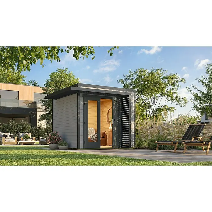 Weka Gartenhaus Pure Garden Amberley - Außenmaß inkl. Dachüberstand (B x T): 300 x 303 cm, Holz, Grau/Anthrazit - Modernes graues Gartenbüro/Schuppen mit dunklen Akzenten und Holzinterieur, offen in einer Gartenumgebung.