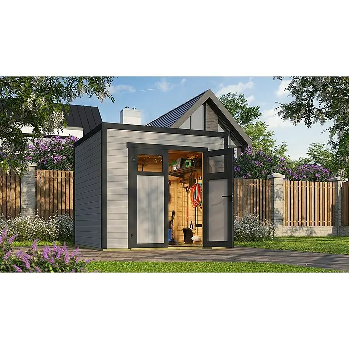 Weka Gerätehaus Batu Nika 2 - Außenmaß inkl. Dachüberstand (B x T): 250 x 257,5 cm, Holz, Hellgrau - Moderner Gartenschuppen mit hellgrauer Verkleidung und dunkelgrauen Akzenten, offene Türen zeigen Werkzeuge im Inneren. In einem Garten mit Haus im Hintergrund.