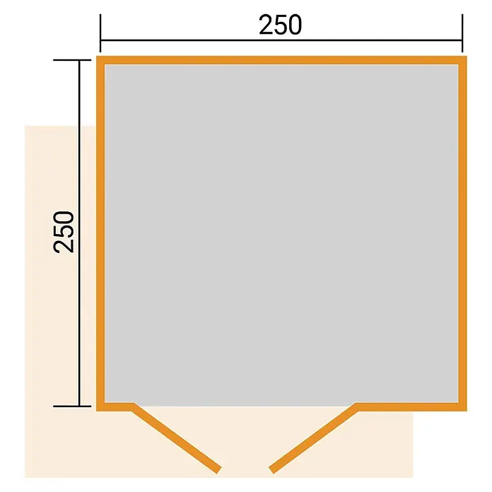 Weka Gartenhaus Pure Garden Amberley - Außenmaß inkl. Dachüberstand (B x T): 300 x 303 cm, Holz, Grau/Anthrazit - Quadratischer Grundriss, grauer Innenraum mit orangefarbenem Umriss, Maße 250, und eine Ecköffnung.
