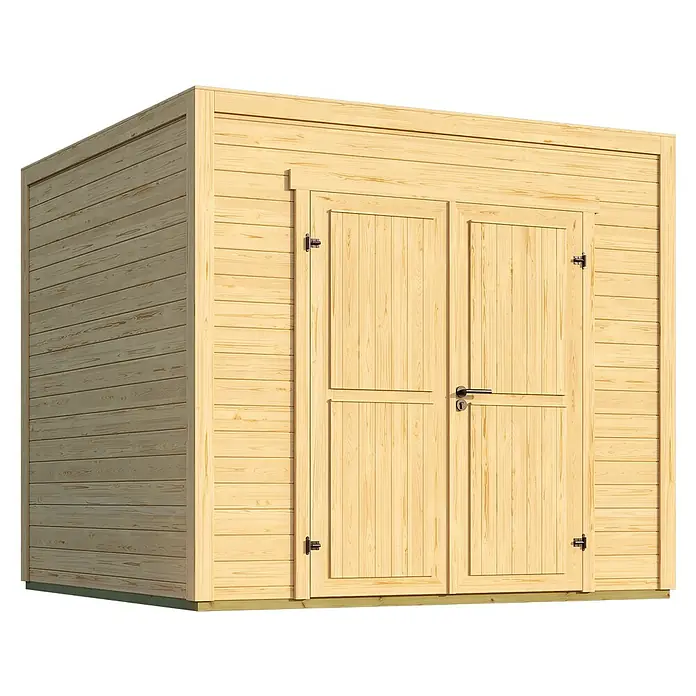 Weka Gerätehaus Batu Stella 2 - Außenmaß inkl. Dachüberstand (B x T): 250 x 257,5 cm, Holz, Naturbelassen - Heller Holzschuppen mit Doppeltüren.
