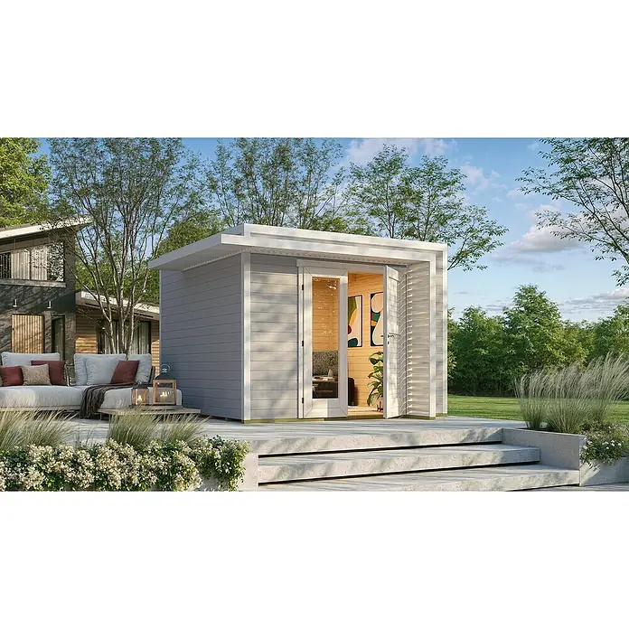 Weka Gartenhaus Pure Garden Amberley - Außenmaß inkl. Dachüberstand (B x T): 350 x 353 cm, Holz, Grau/Weiß, Mit 1,5-facher Doppeltür - Helles graues Gartenhaus mit offener Tür, das einen hölzernen Innenraum zeigt, auf einer Terrasse, ideal als Gartenbüro oder Rückzugsort.