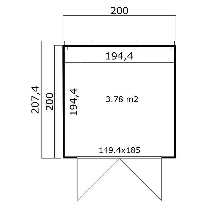 Weka Gerätehaus Batu Nika 1 - Außenmaß inkl. Dachüberstand (B x T): 200 x 207,4 cm, Holz, Hellgrau - Technische Zeichnung eines Gartenhaus-Grundrisses mit Außen- und Innenmaßen sowie Flächenangabe.