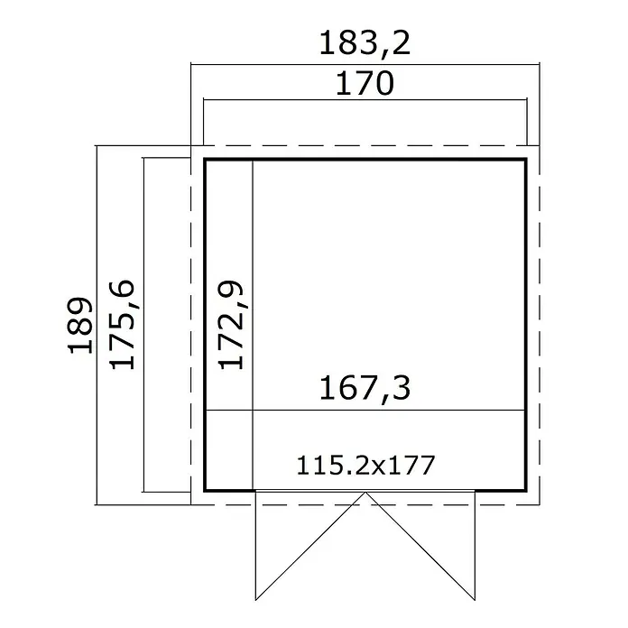 Weka Gerätehaus Mori - Außenmaß inkl. Dachüberstand (B x T): 183 x 189 cm, Holz, Naturbelassen - Grundriss mit Gesamt- und Innenmaßen einer rechteckigen Struktur, einschließlich einer Türöffnung.
