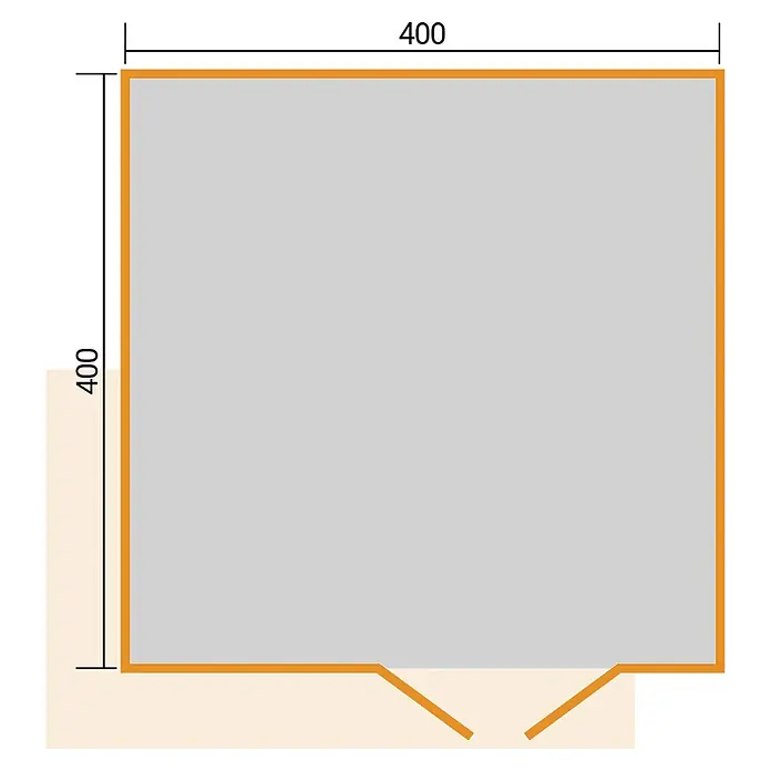 Weka Gartenhaus Pure Garden Amberley - Außenmaß inkl. Dachüberstand (B x T): 450 x 455 cm, Holz, Graugrün, Ohne Fenster - Grundriss eines quadratischen Raumes (400x400) mit Eckaussparung.