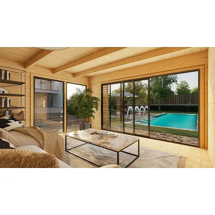 Weka Gartenhaus Pure Garden Amberley - Außenmaß inkl. Dachüberstand (B x T): 450 x 455 cm, Holz, Naturbelassen, Mit zusätzlichem Fenster - Modernes Holzzimmer mit großen Fenstern und Blick auf Pool und Garten.