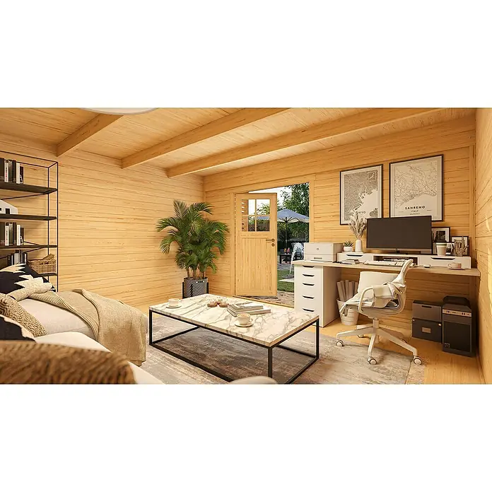 Weka Gartenhaus Pure Garden Amberley - Außenmaß inkl. Dachüberstand (B x T): 450 x 455 cm, Holz, Graugrün, Ohne Fenster - Gemütlicher Holzgartenhaus-Innenraum mit Wohn- und Bürobereichen, mit Blick auf einen grünen Garten.
