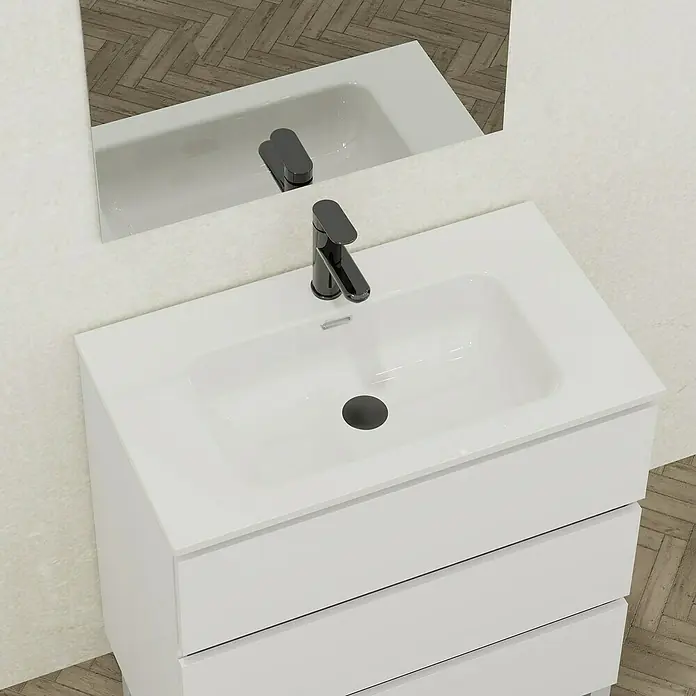 Conjunto de mueble de baño Inter - Blanco, Mate, 4 pzs. - Mobiliario de baño moderno con un mueble de lavabo blanco, grifo y espejo para un estilo elegante.