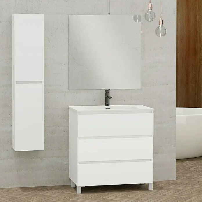 Conjunto de mueble de baño Inter - Blanco, Mate, 4 pzs. - Cuarto de baño con un moderno mueble de lavabo blanco con cajones, espejo con armario y armario de pared para un ambiente elegante.