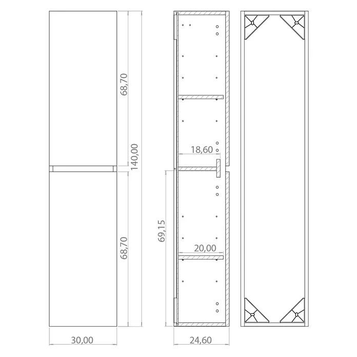 Conjunto de mueble de baño Inter - Blanco, Mate, 4 pzs. - Dibujo esquemático de un armario alto y estrecho con compartimentos internos y dimensiones.