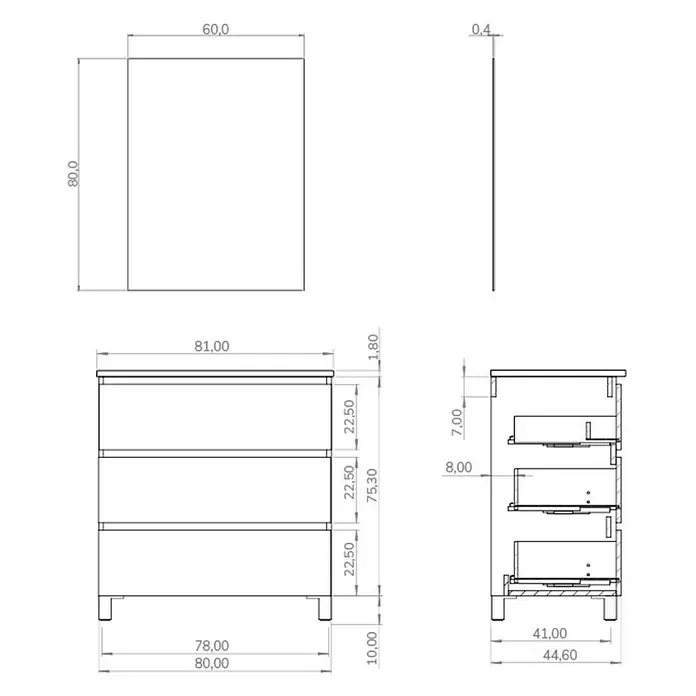 Conjunto de mueble de baño Inter - Blanco, Mate, 4 pzs. - Dibujo técnico de un mueble bajo lavabo con cajones y dimensiones. El dibujo muestra las vistas frontal, lateral y superior del mueble.