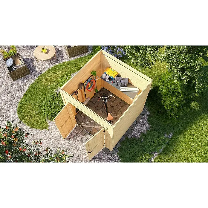 Weka Gerätehaus Batu Stella 1 - Außenmaß inkl. Dachüberstand (B x T): 200 x 207,4 cm, Holz, Naturbelassen - Heller Holzgartenschuppen mit offenen Türen, der Gartenwerkzeuge und ein Fahrrad in einer Gartenumgebung lagert.