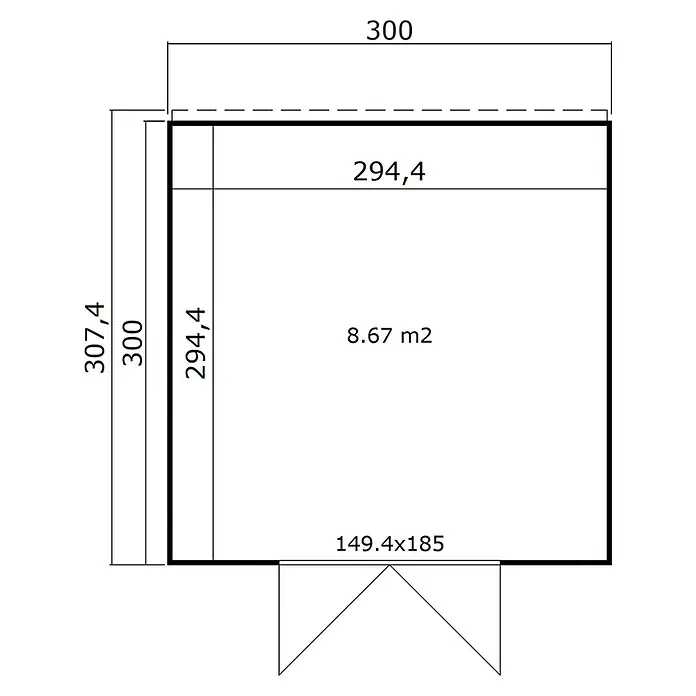 Weka Gerätehaus Batu Nika 3 - Außenmaß inkl. Dachüberstand (B x T): 300 x 304,6 cm, Holz, Dunkelgrau - Technische Zeichnung eines Gebäude-Grundrisses mit Außenmaßen 300x307,4 cm, Innenmaßen 294,4x294,4 cm und 8,67 m² Fläche.