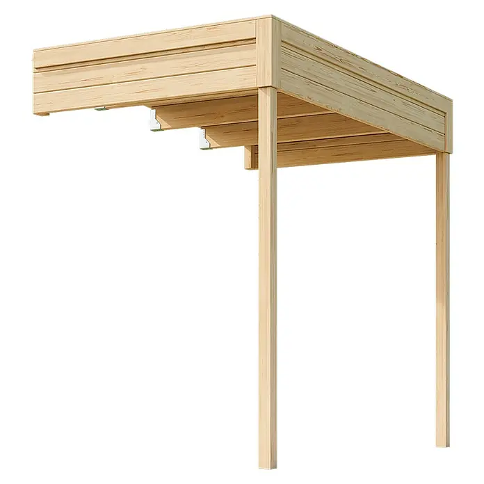 Weka Gerätehaus-Anbau Batu - Außenmaß inkl. Dachüberstand (B x T): 150 x 257,5 cm, Holz, Naturbelassen, Passend für: Weka Gerätehäusern Batu Stella und Nika 2 - Helle Holzpergola oder Carport-Struktur mit flachem Dach und tragenden Pfosten.