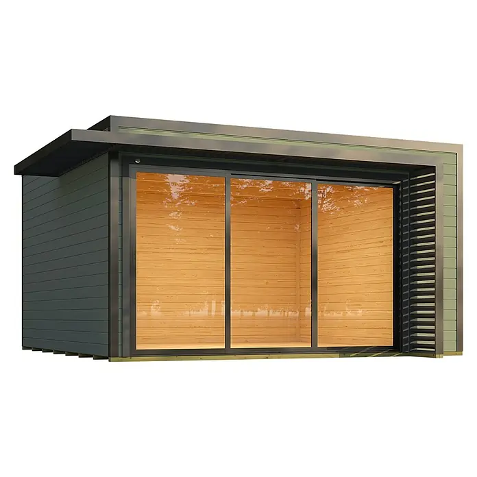 Weka Gartenhaus Pure Garden Amberley - Außenmaß inkl. Dachüberstand (B x T): 450 x 455 cm, Holz, Graugrün, Ohne zusätzliches Fenster - Modernes Gartenbüro mit dunkelgrauer Verkleidung, großen Glasschiebetüren und hellem Holzinterieur.