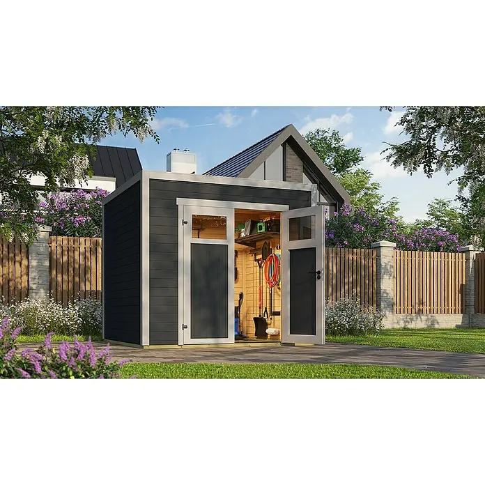 Weka Gerätehaus Batu Nika 1,5 - Außenmaß inkl. Dachüberstand (B x T): 250 x 207,4 cm, Holz, Dunkelgrau - Dunkelgrauer Geräteschuppen mit weißem Rahmen, Türen geöffnet, Werkzeuge sichtbar, im Garten auf Pflasterweg.