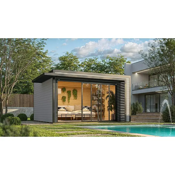 Weka Gartenhaus Pure Garden Amberley - Außenmaß inkl. Dachüberstand (B x T): 450 x 455 cm, Holz, Grau/Anthrazit, Ohne zusätzliches Fenster - Moderner grauer Gartenraum mit großen Glastüren und Holzinterieur, am Pool gelegen.
