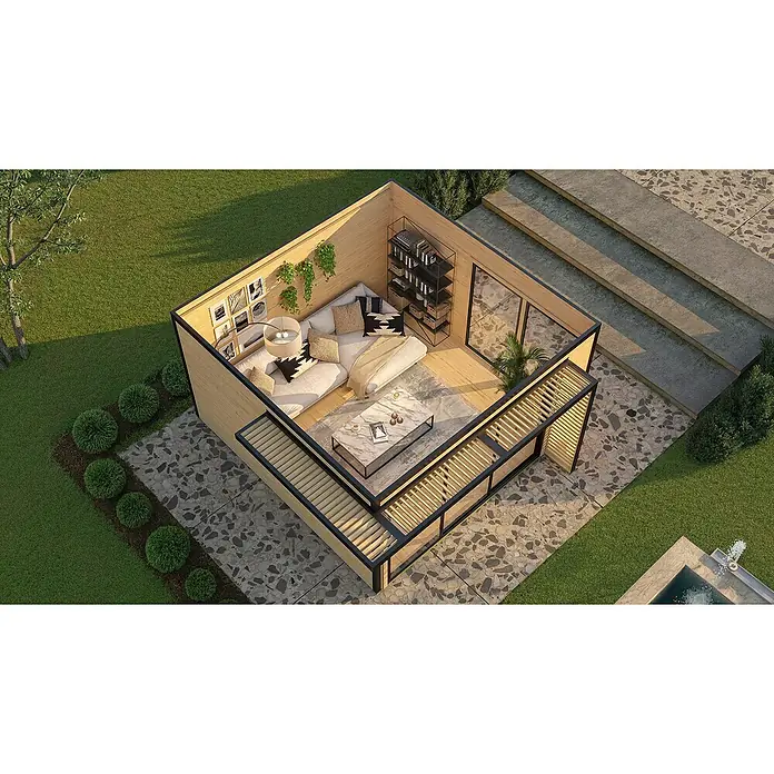 Weka Gartenhaus Pure Garden Amberley - Außenmaß inkl. Dachüberstand (B x T): 450 x 455 cm, Holz, Graugrün, Mit zusätzlichem Fenster - Moderne Gartenlounge mit hellen Holzwänden, schwarzem Rahmen und Glas, im Garten platziert.