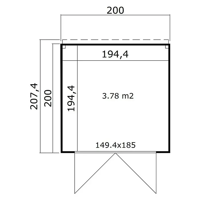 Weka Gerätehaus Batu Stella 1 - Außenmaß inkl. Dachüberstand (B x T): 200 x 207,4 cm, Holz, Dunkelgrau - Technische Zeichnung eines Geräteschuppen-Grundrisses mit Außenmaßen (200x207,4cm) und Innenfläche (3,78m²).